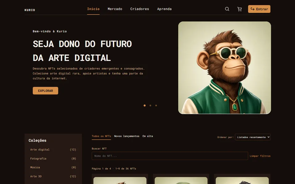 Catálogo do Kurio com NFTs, busca e filtros